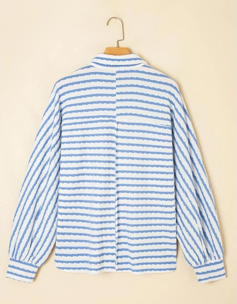 Sky Blue Stripe Half Button Collared Chest Pockets Loose Fit Blouse