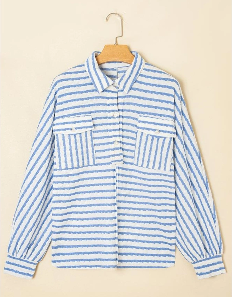 Sky Blue Stripe Half Button Collared Chest Pockets Loose Fit Blouse