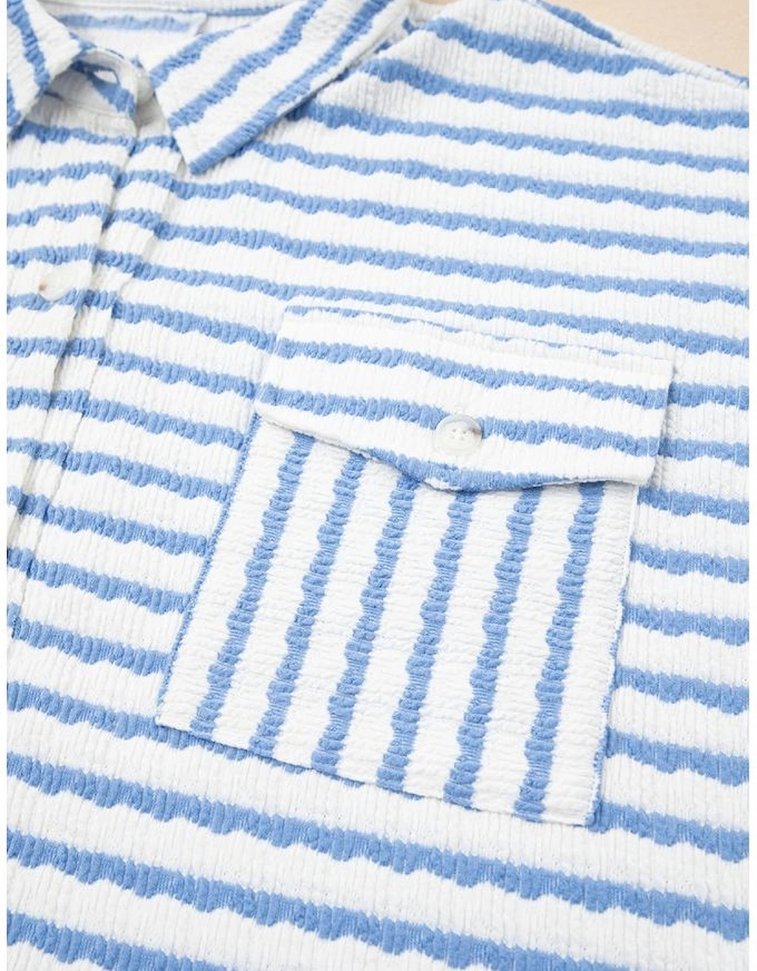 Sky Blue Stripe Half Button Collared Chest Pockets Loose Fit Blouse