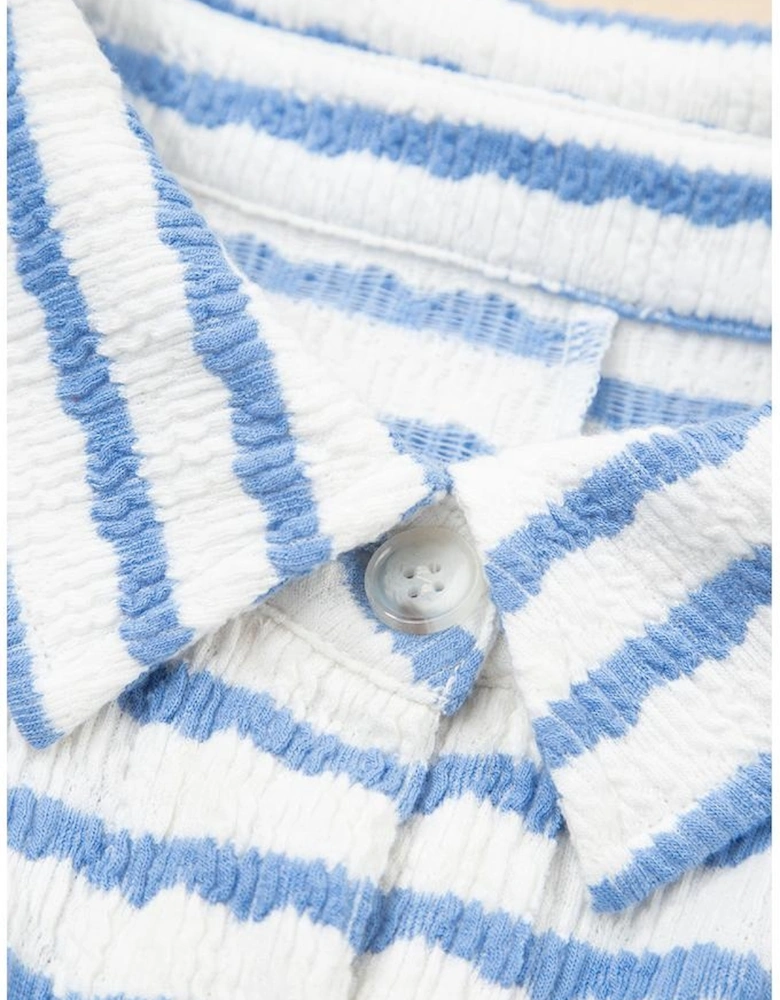 Sky Blue Stripe Half Button Collared Chest Pockets Loose Fit Blouse