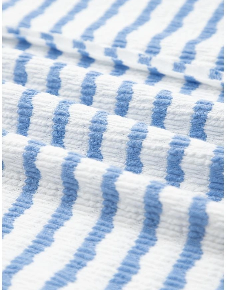 Sky Blue Stripe Half Button Collared Chest Pockets Loose Fit Blouse