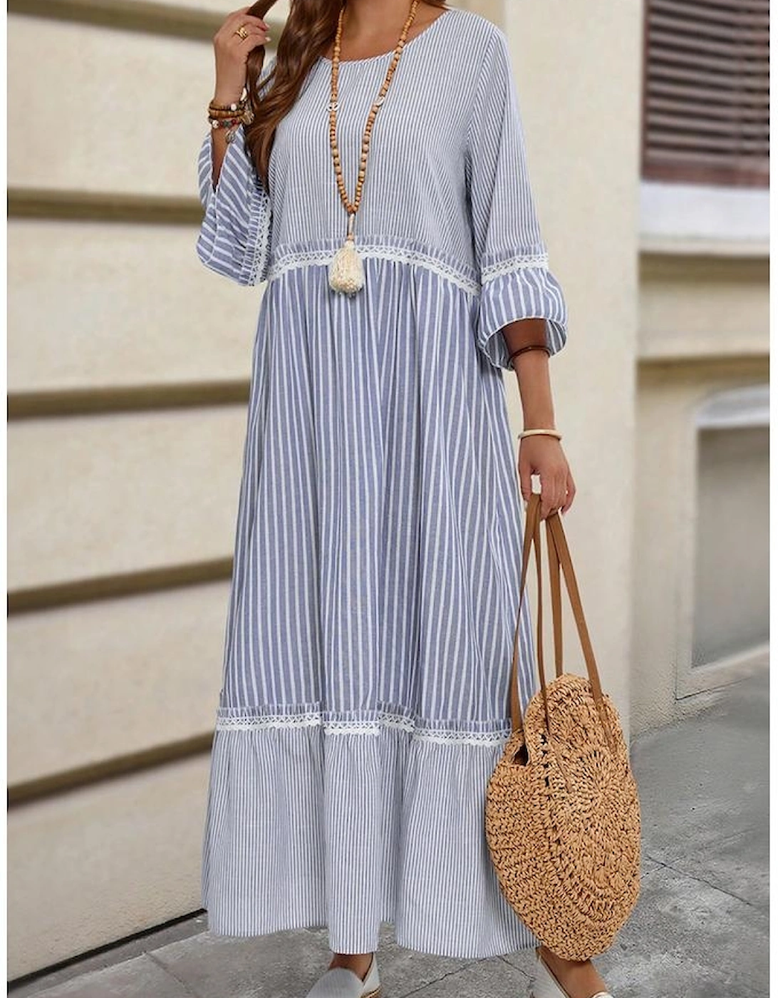 Sky Blue Stripe Patchwork Crossed Lace Detail Bracelet Sleeve Maxi Dress