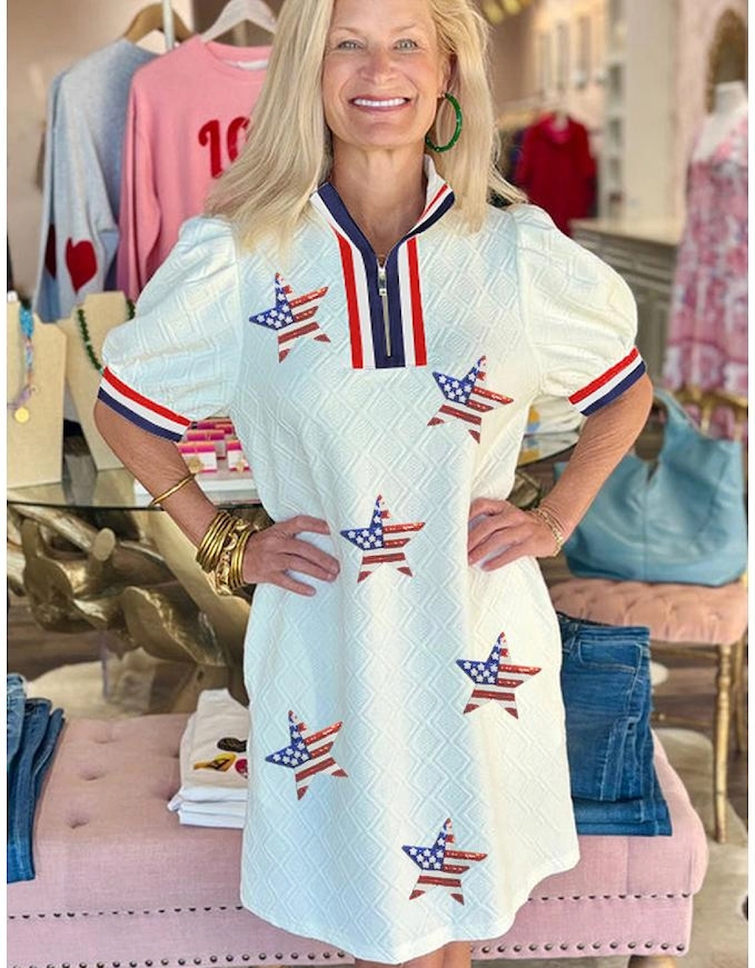 White July 4th Sequined USA Flag Star Patched Textured Collared T Shirt Dress, 5 of 4