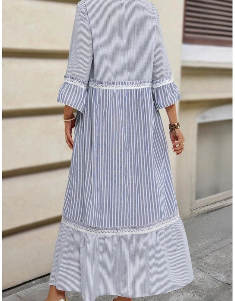 Sky Blue Stripe Patchwork Crossed Lace Detail Bracelet Sleeve Maxi Dress