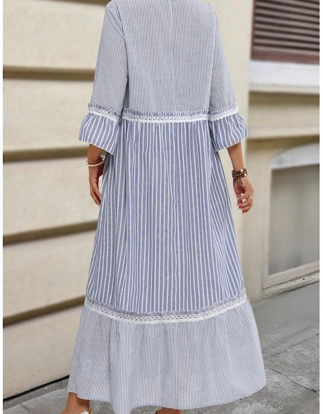 Sky Blue Stripe Patchwork Crossed Lace Detail Bracelet Sleeve Maxi Dress, 3 of 2