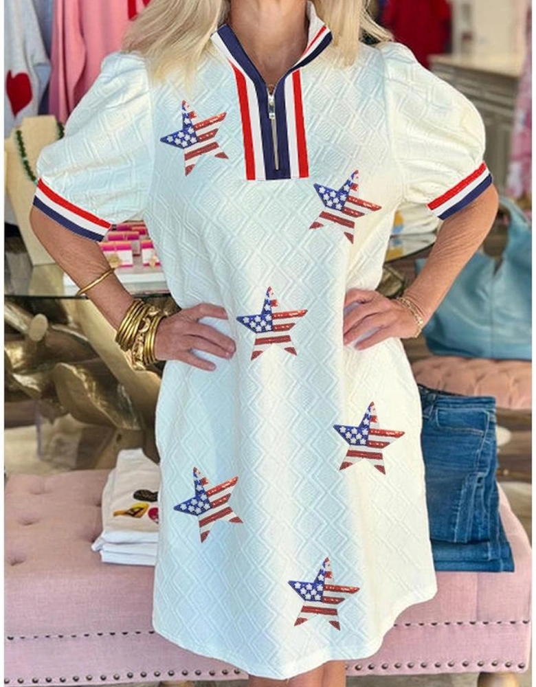 White July 4th Sequined USA Flag Star Patched Textured Collared T Shirt Dress