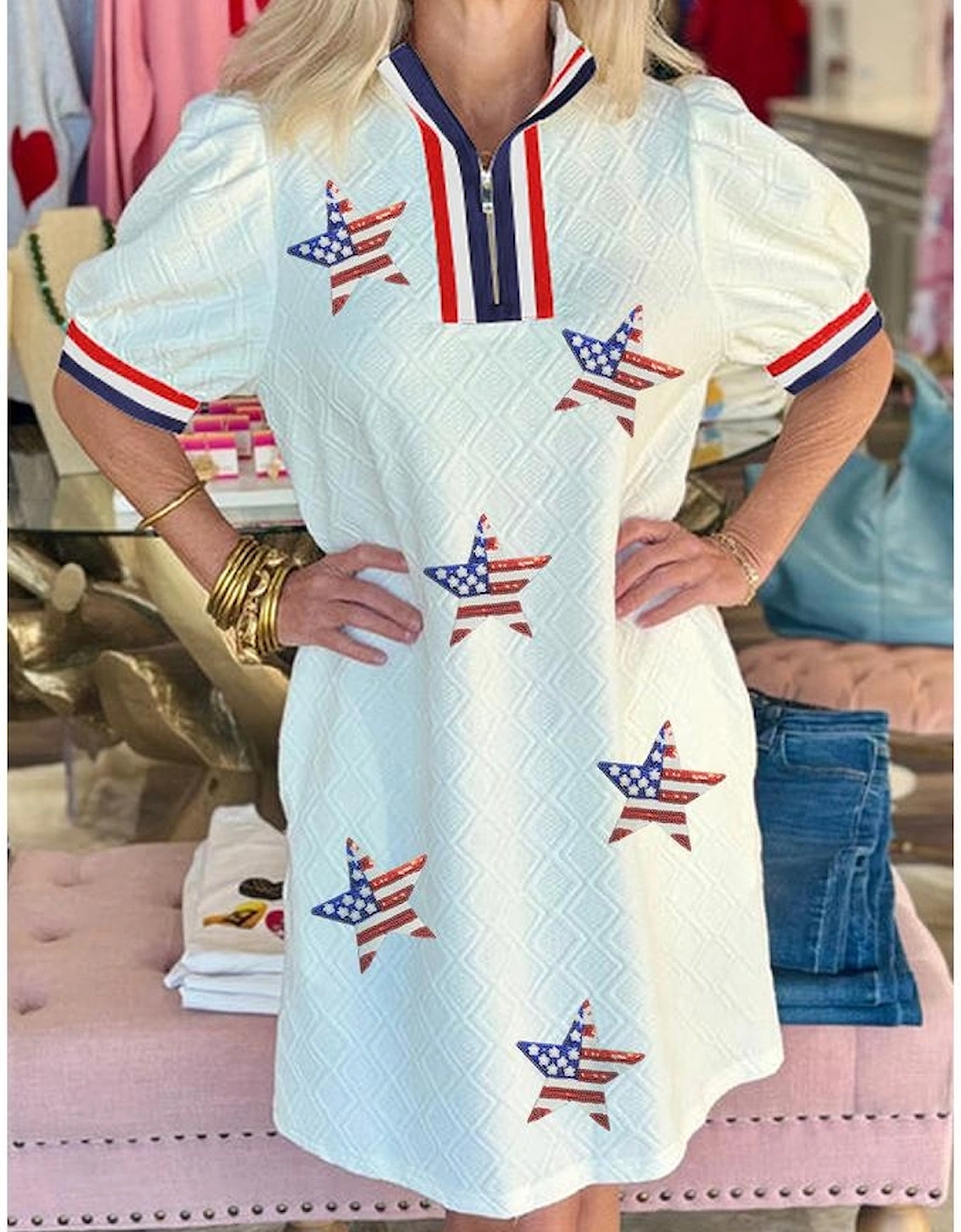 White July 4th Sequined USA Flag Star Patched Textured Collared T Shirt Dress