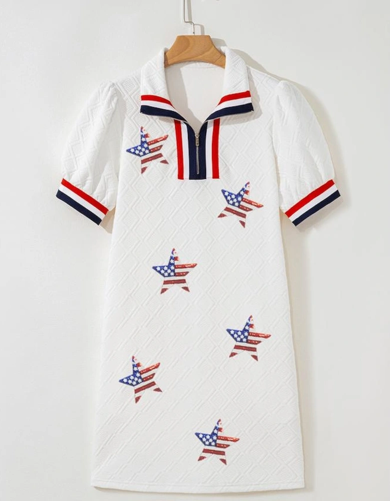 White July 4th Sequined USA Flag Star Patched Textured Collared T Shirt Dress