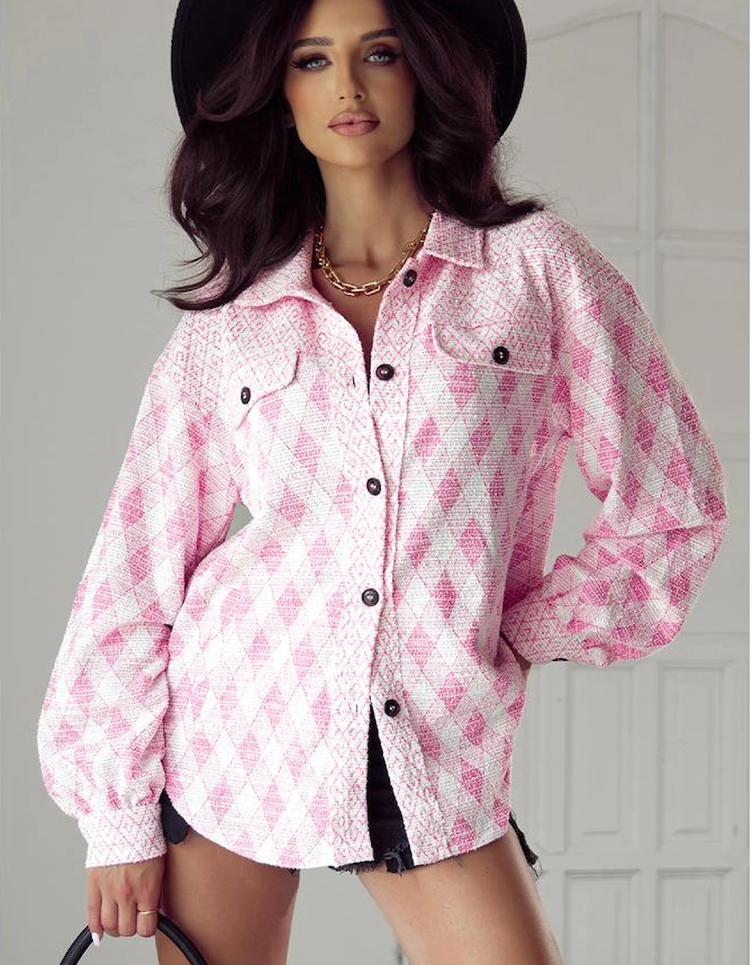 Delicacy Geometric Print Textured Flap Detail Shacket with Pocket