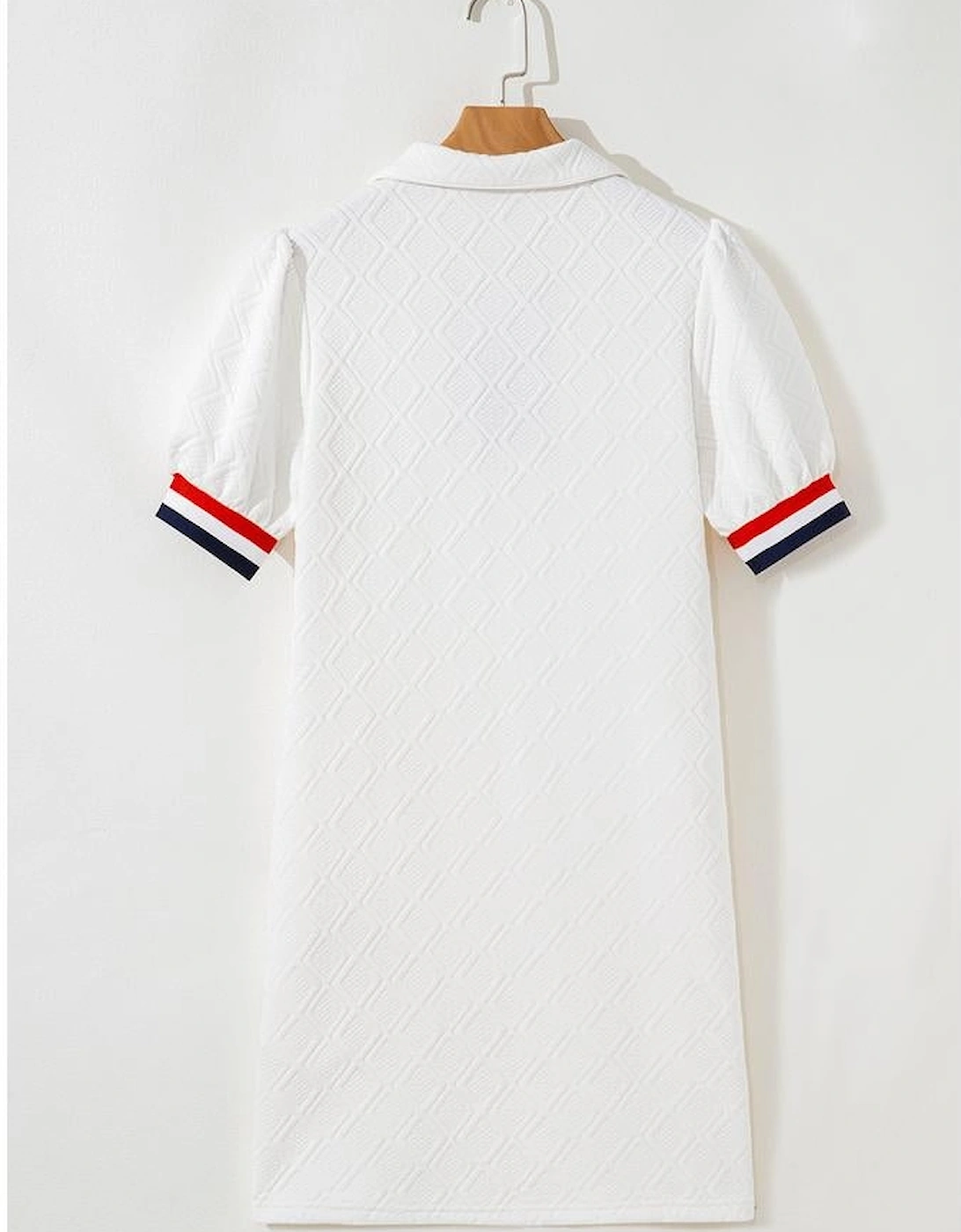 White July 4th Sequined USA Flag Star Patched Textured Collared T Shirt Dress