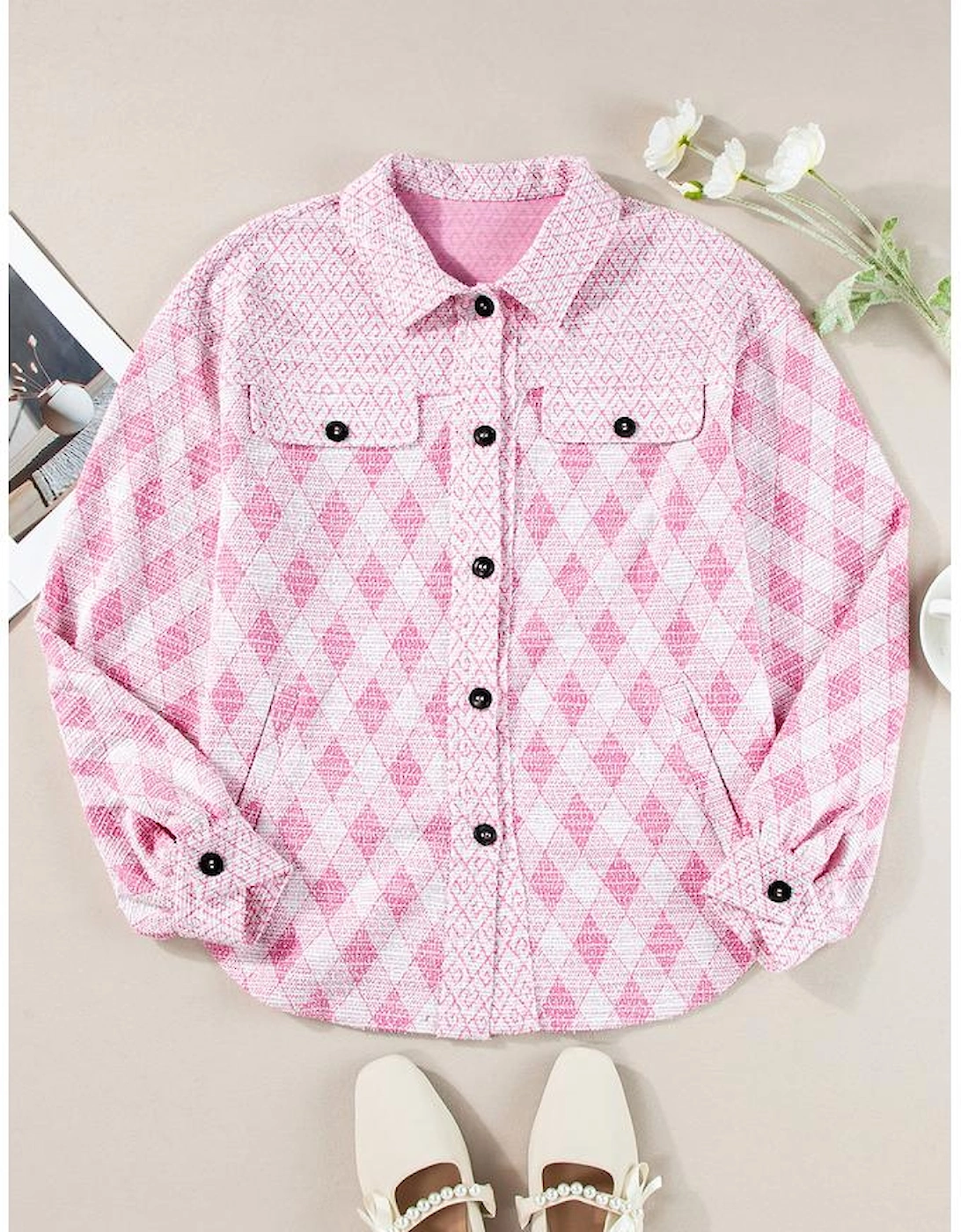 Delicacy Geometric Print Textured Flap Detail Shacket with Pocket