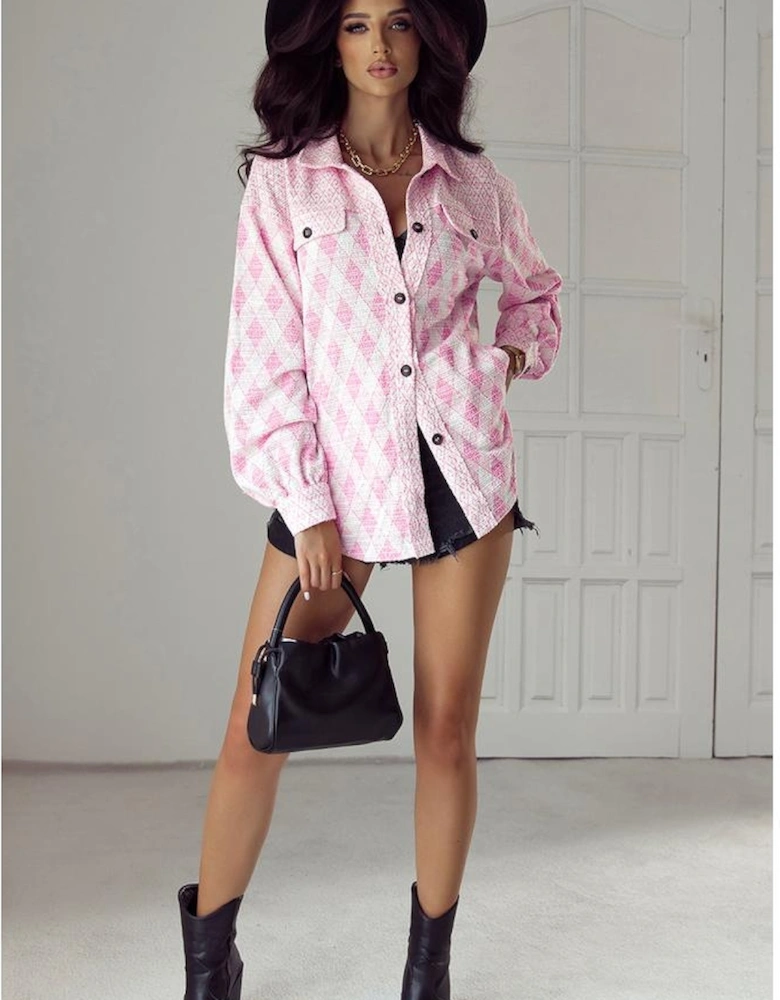 Delicacy Geometric Print Textured Flap Detail Shacket with Pocket