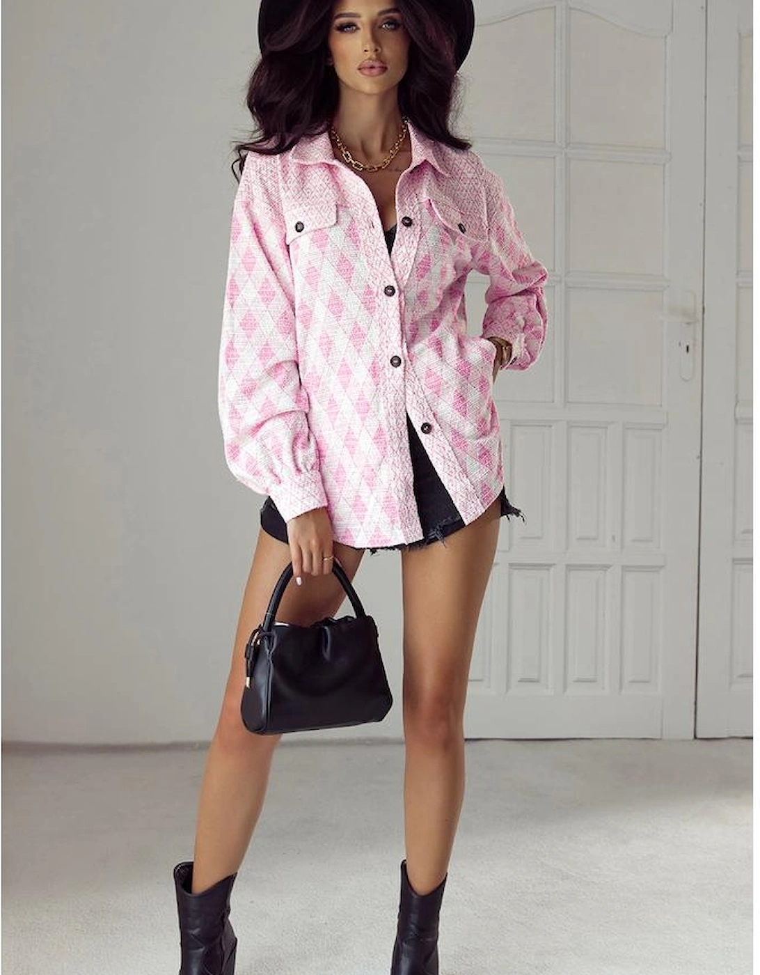 Delicacy Geometric Print Textured Flap Detail Shacket with Pocket