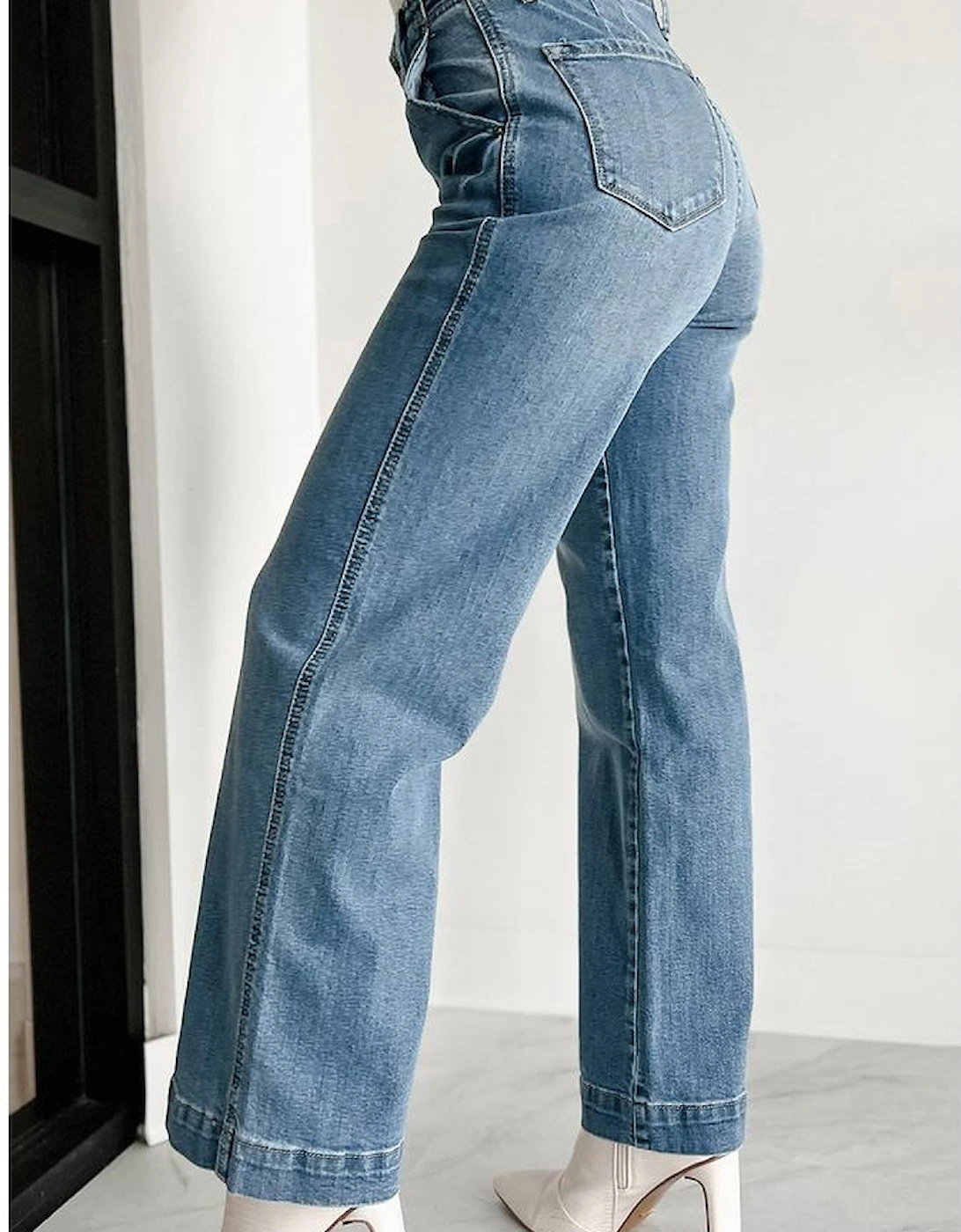 Dusk Blue Multi Buttons Medium Wash Straight Loose Leg Jeans