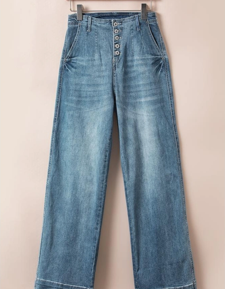 Dusk Blue Multi Buttons Medium Wash Straight Loose Leg Jeans