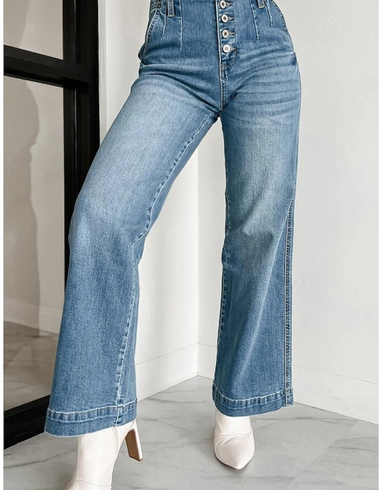 Dusk Blue Multi Buttons Medium Wash Straight Loose Leg Jeans