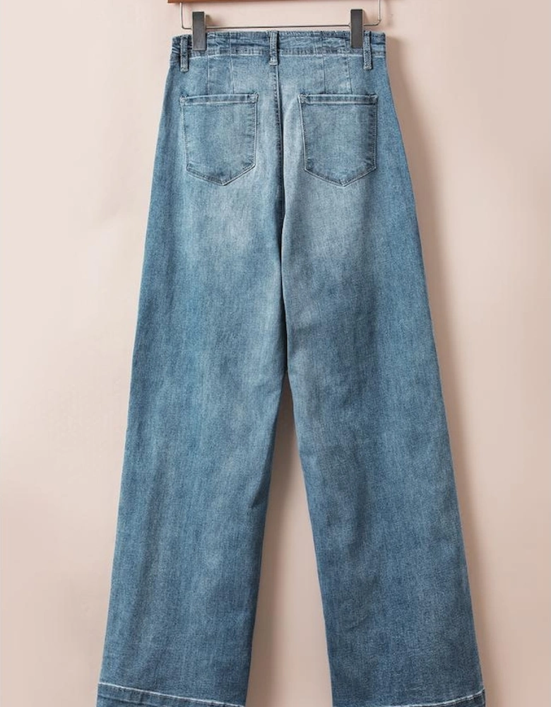 Dusk Blue Multi Buttons Medium Wash Straight Loose Leg Jeans