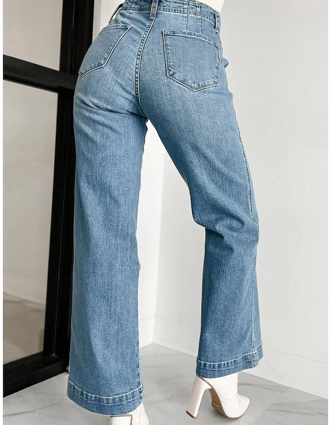 Dusk Blue Multi Buttons Medium Wash Straight Loose Leg Jeans