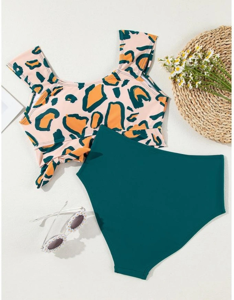 Green Leopard Print U Neck Knotted High Waist Bikini Set