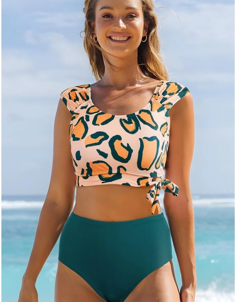 Green Leopard Print U Neck Knotted High Waist Bikini Set