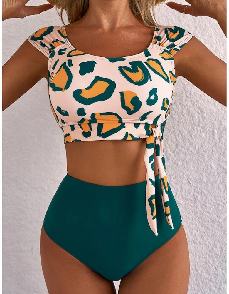 Green Leopard Print U Neck Knotted High Waist Bikini Set