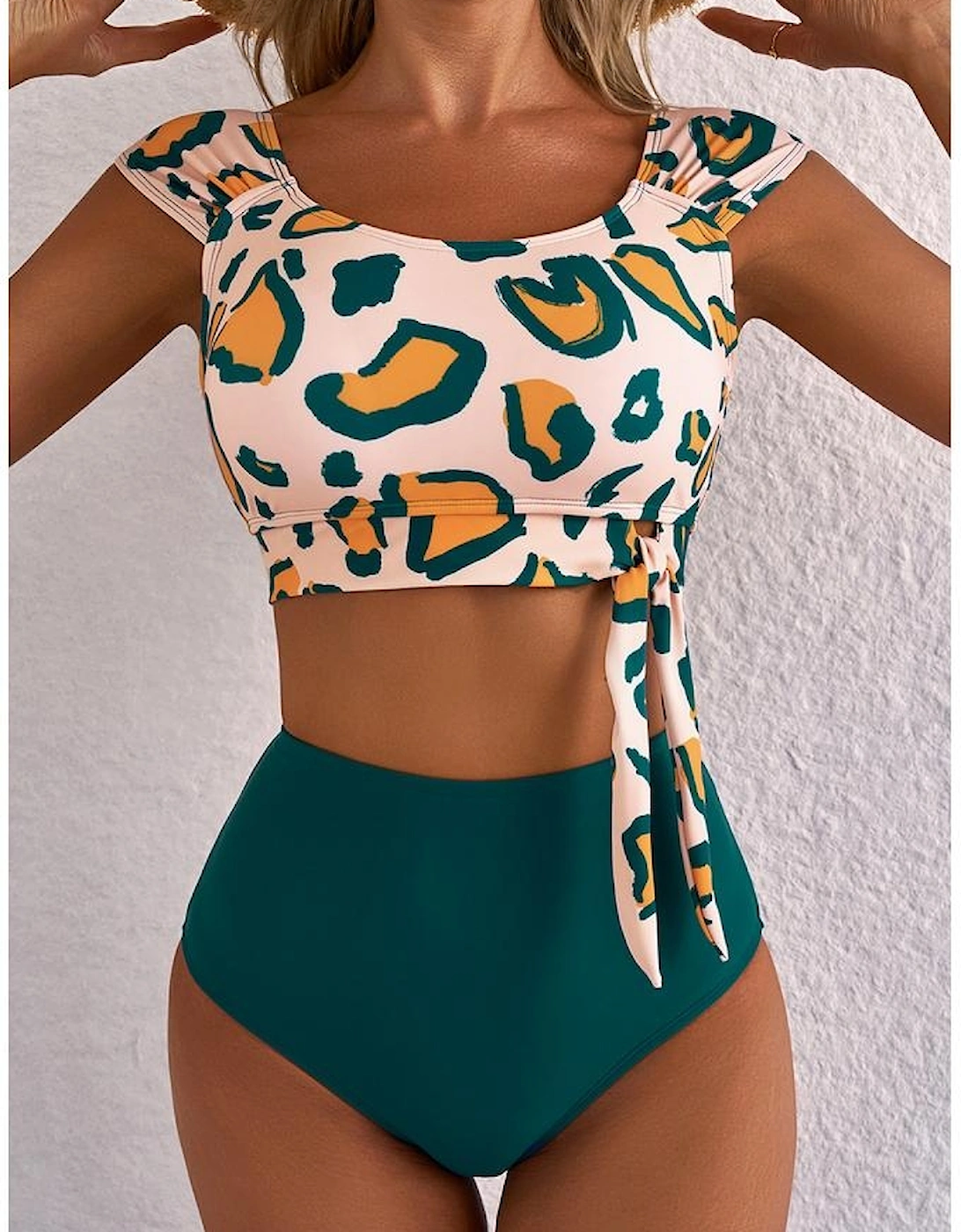 Green Leopard Print U Neck Knotted High Waist Bikini Set