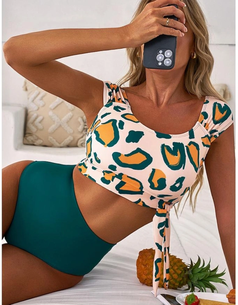 Green Leopard Print U Neck Knotted High Waist Bikini Set