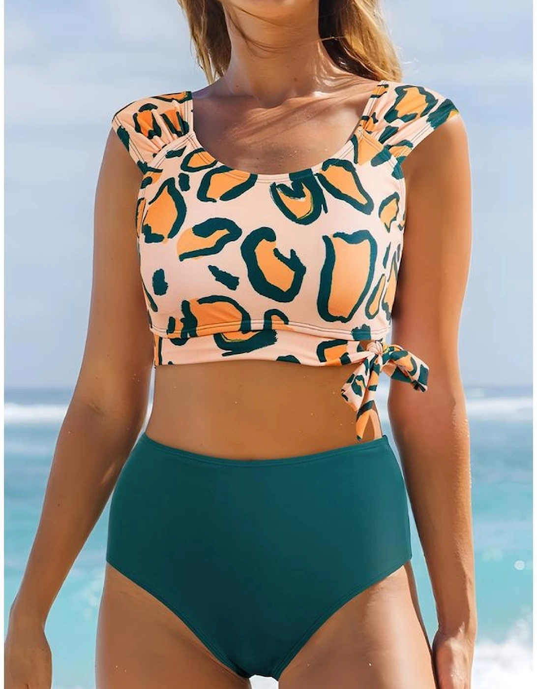 Green Leopard Print U Neck Knotted High Waist Bikini Set