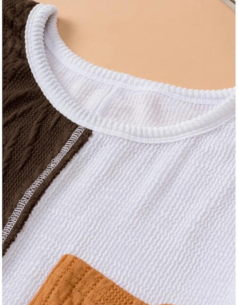 Brown Color Block Patchwork Chest Pocket Long Sleeve Top