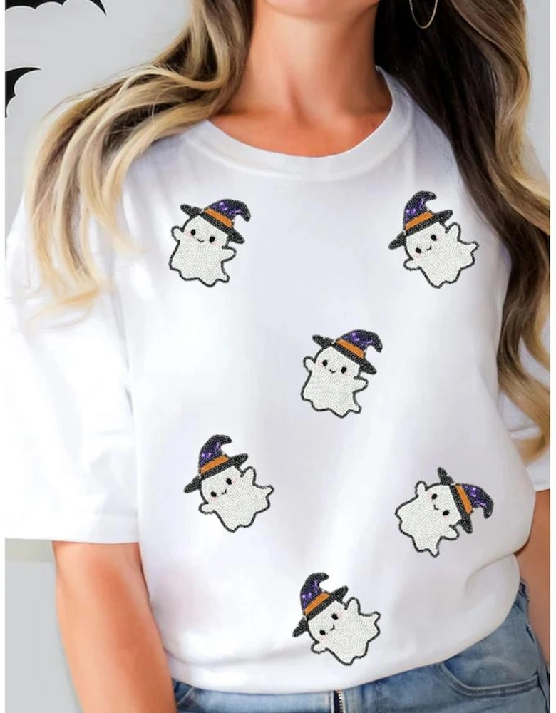 White Halloween Ghost Witch Sequin Patched Casual T Shirt