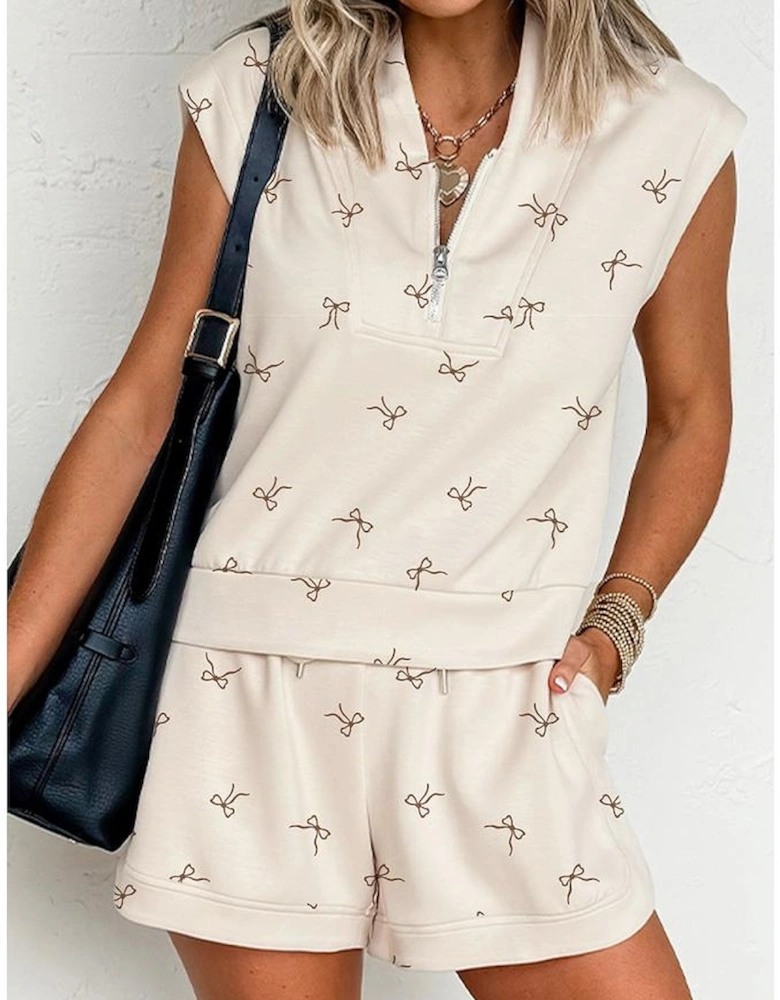 Beige Bow Print Half Zip Tank and Shorts 2pcs Set