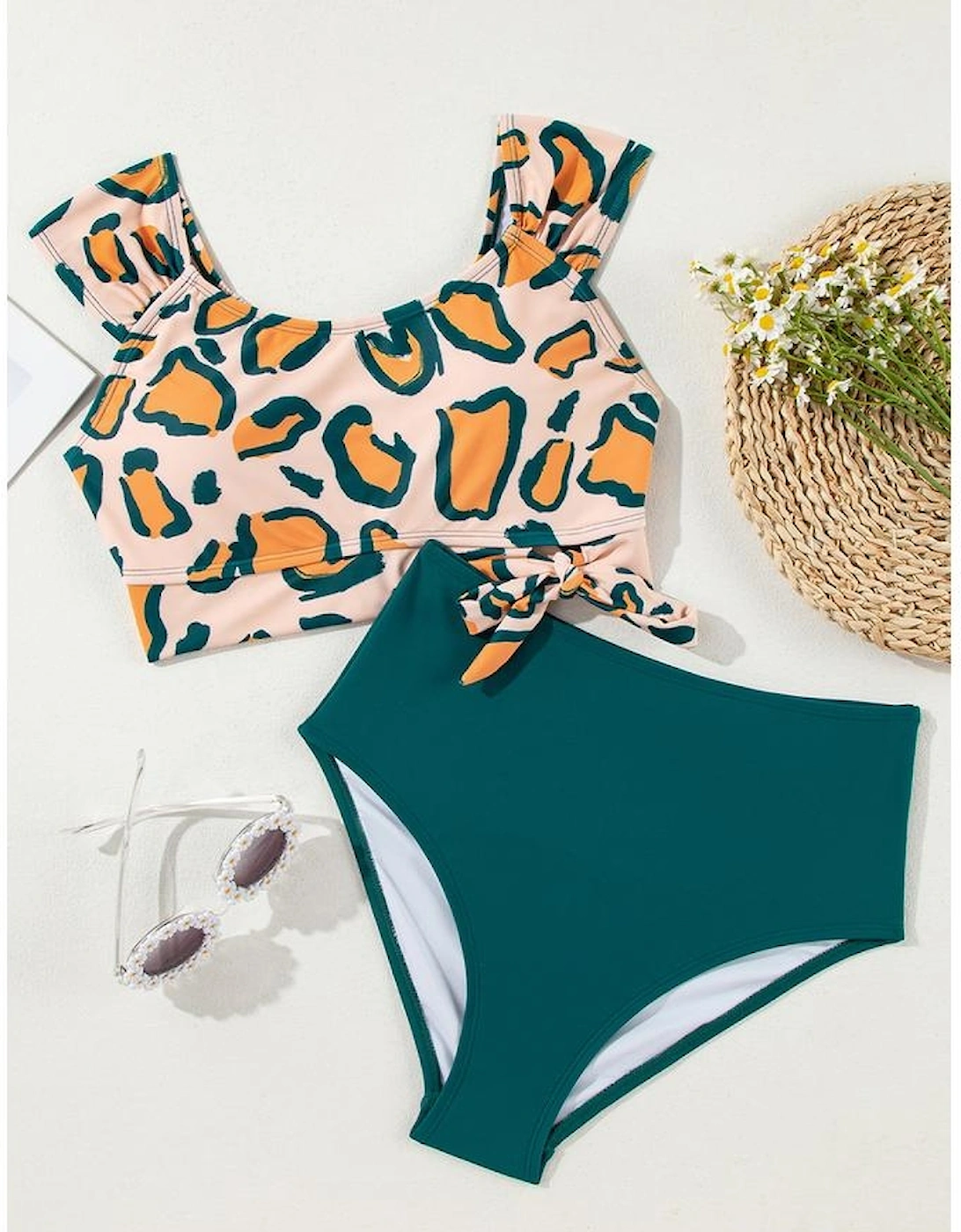 Green Leopard Print U Neck Knotted High Waist Bikini Set