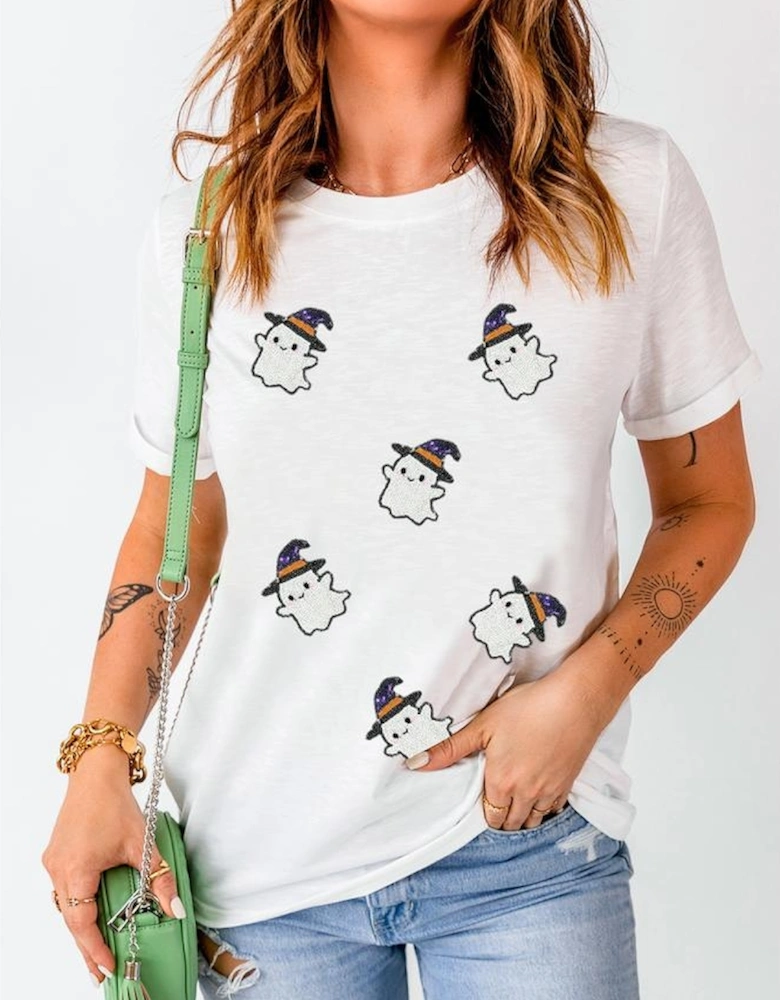 White Halloween Ghost Witch Sequin Patched Casual T Shirt