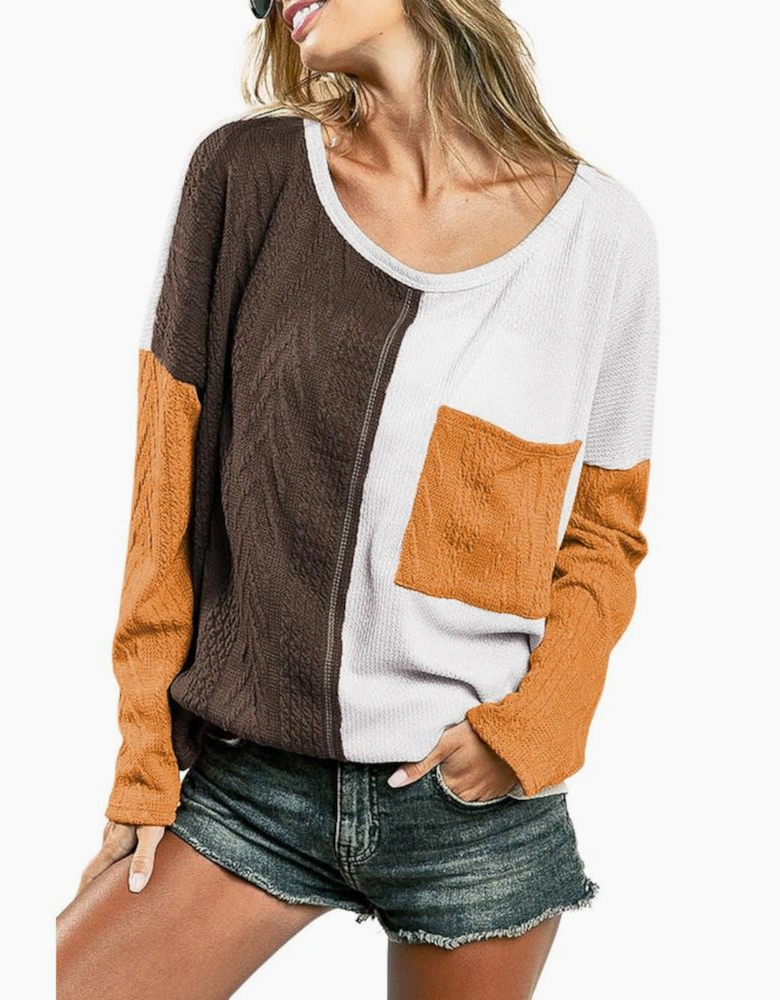 Brown Color Block Patchwork Chest Pocket Long Sleeve Top