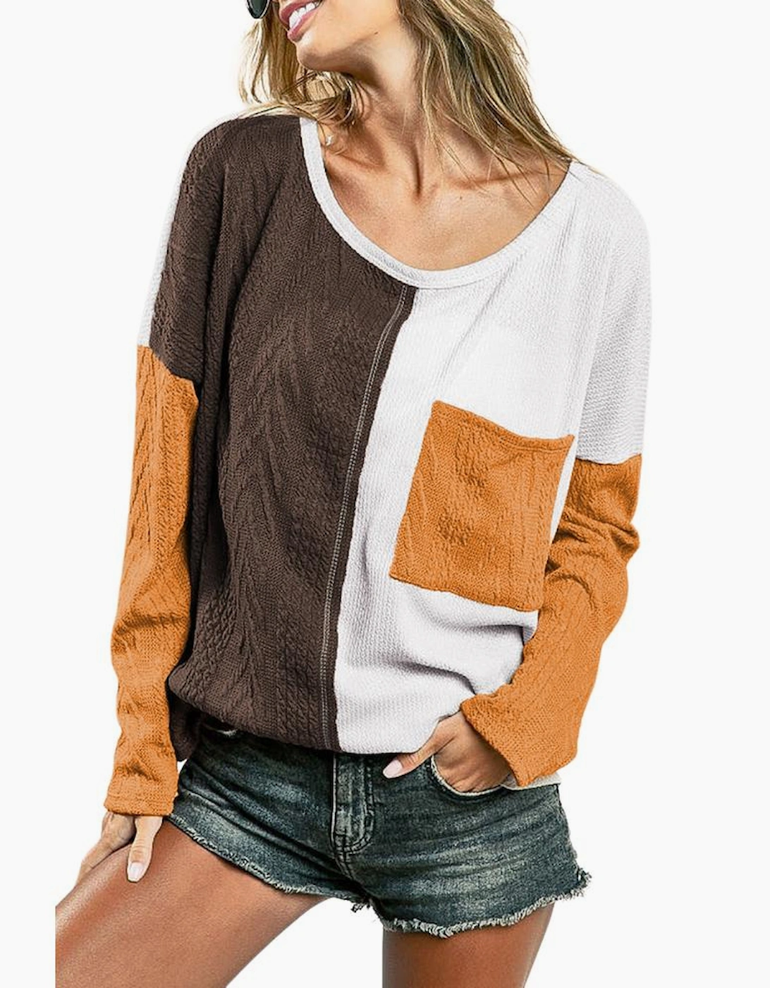 Brown Color Block Patchwork Chest Pocket Long Sleeve Top