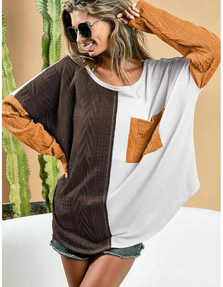 Brown Color Block Patchwork Chest Pocket Long Sleeve Top