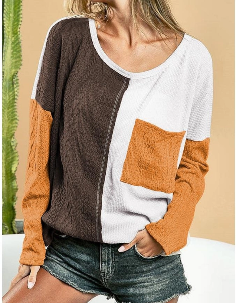 Brown Color Block Patchwork Chest Pocket Long Sleeve Top