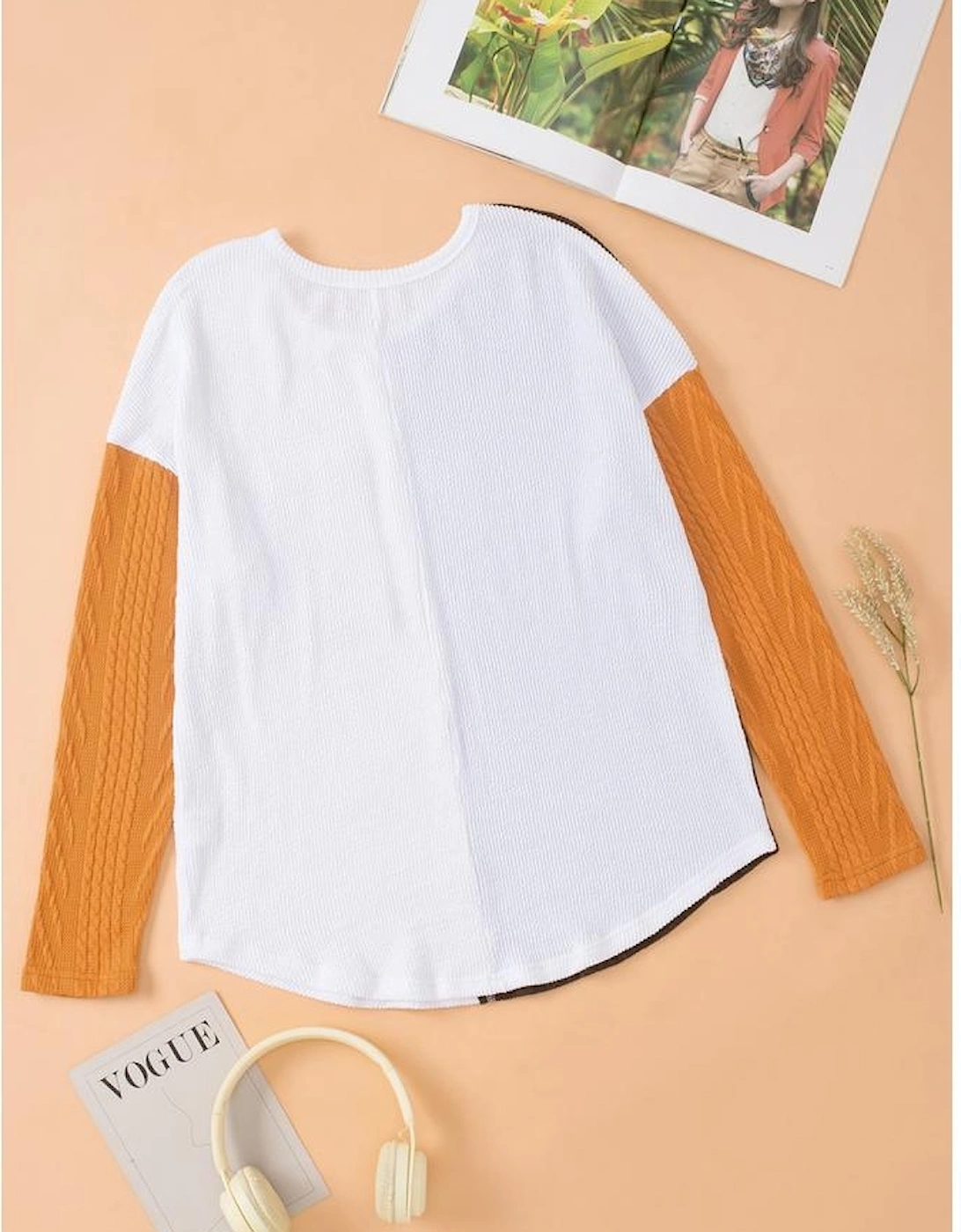 Brown Color Block Patchwork Chest Pocket Long Sleeve Top