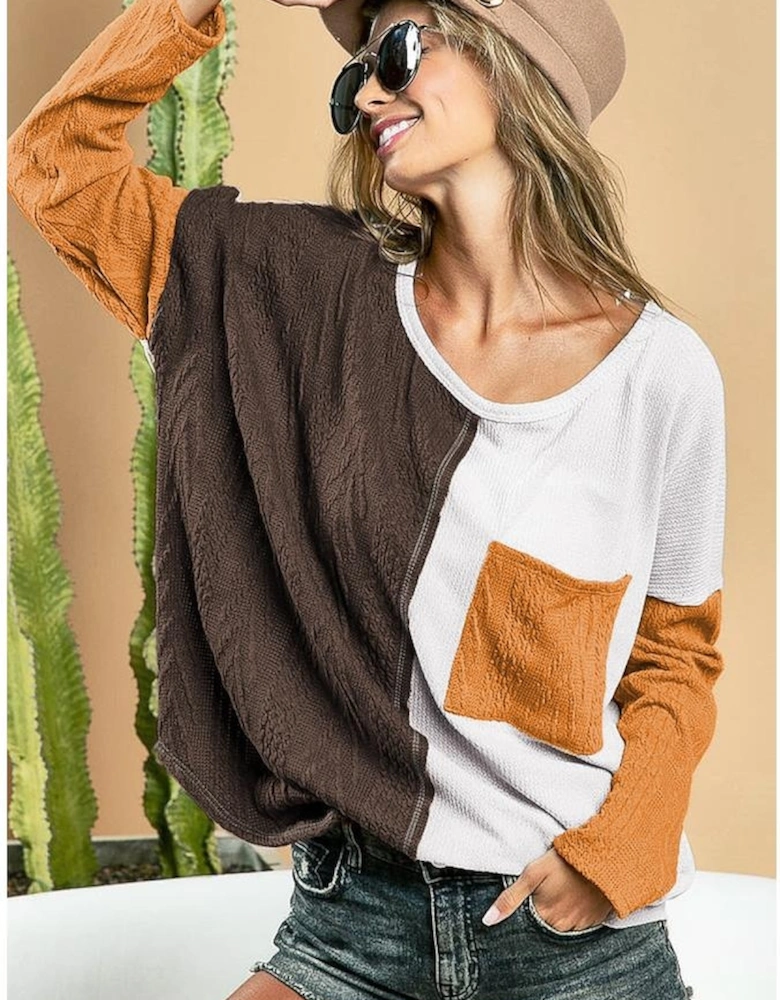 Brown Color Block Patchwork Chest Pocket Long Sleeve Top