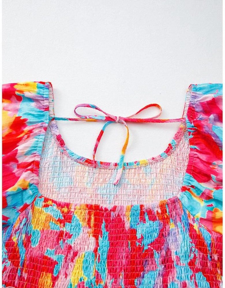 Rose Abstract Printed Puff Sleeve Square Neck Smocked Bust Tied Back Plus Size Dress