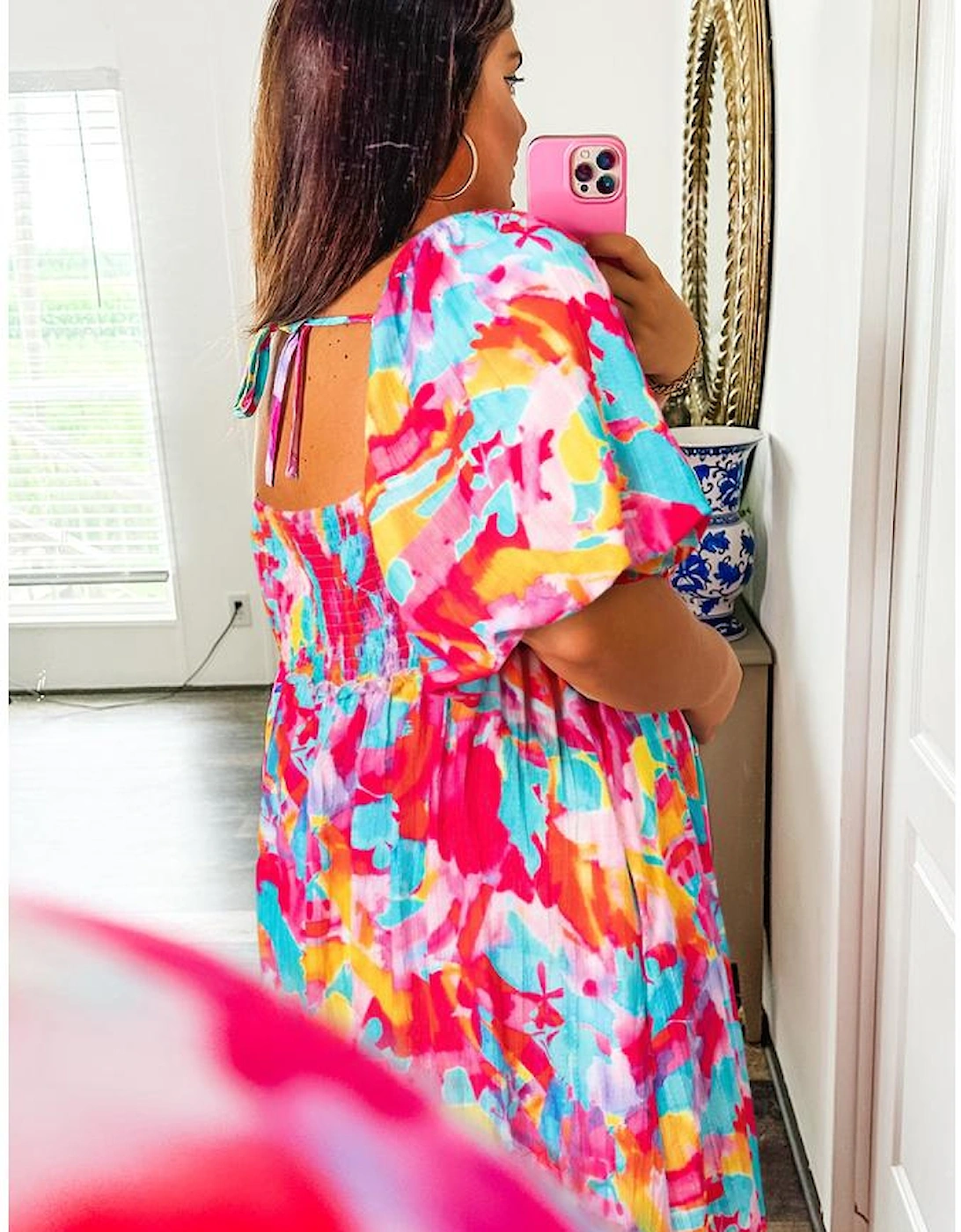 Rose Abstract Printed Puff Sleeve Square Neck Smocked Bust Tied Back Plus Size Dress, 13 of 12