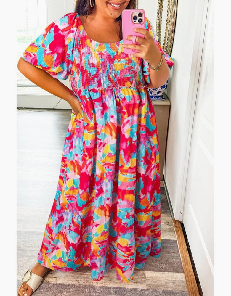 Rose Abstract Printed Puff Sleeve Square Neck Smocked Bust Tied Back Plus Size Dress