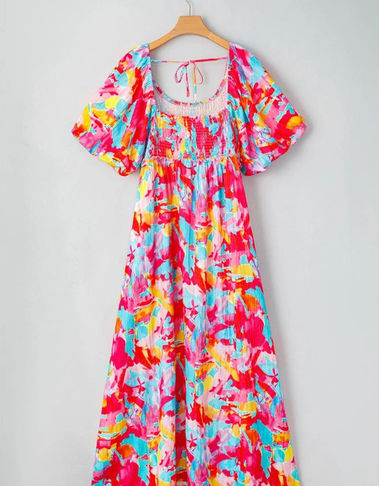 Rose Abstract Printed Puff Sleeve Square Neck Smocked Bust Tied Back Plus Size Dress