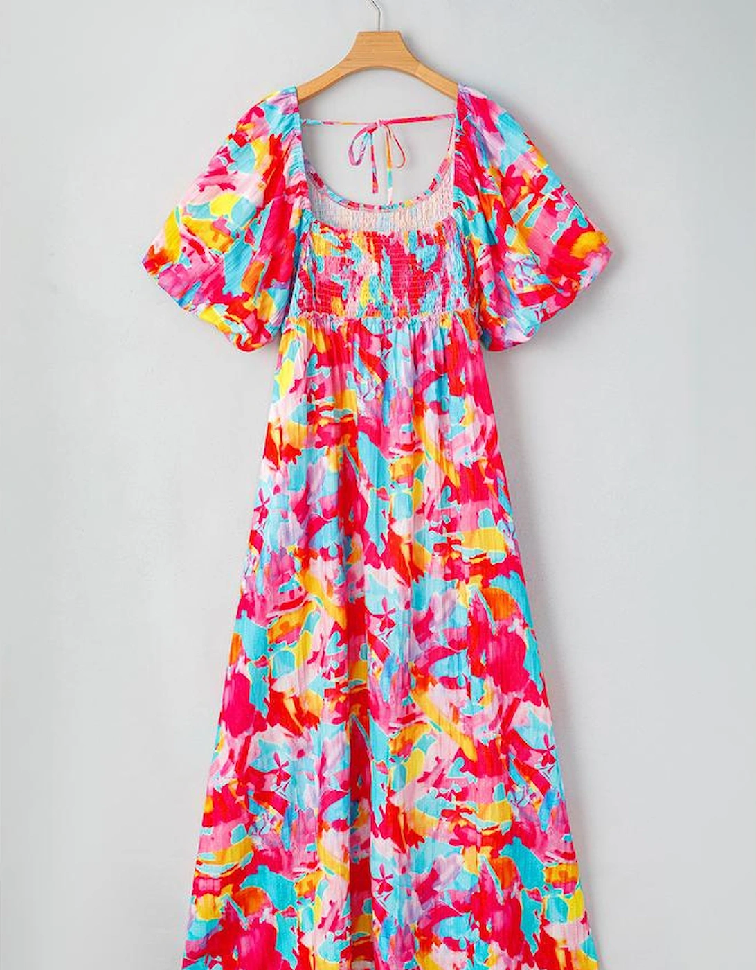 Rose Abstract Printed Puff Sleeve Square Neck Smocked Bust Tied Back Plus Size Dress