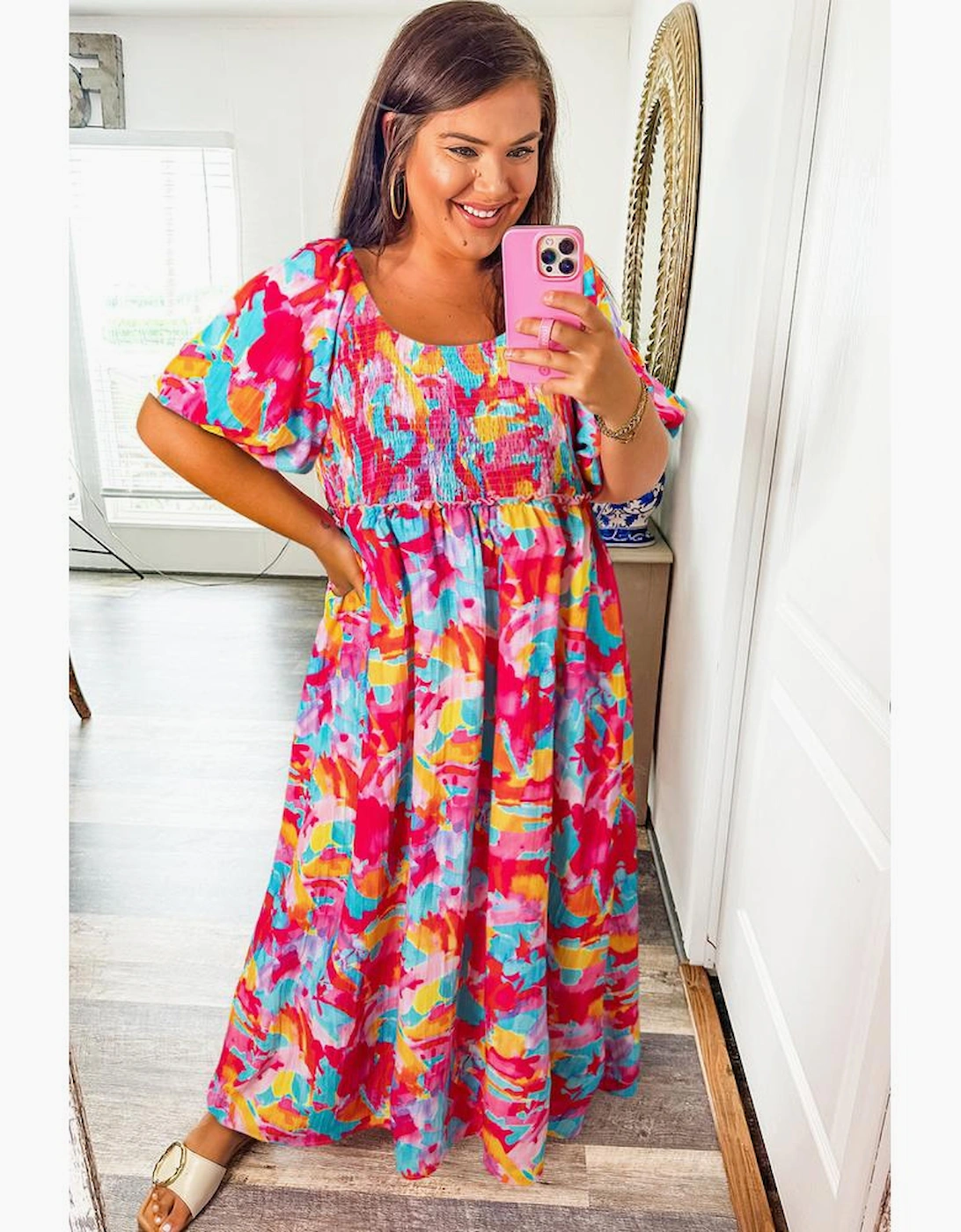 Rose Abstract Printed Puff Sleeve Square Neck Smocked Bust Tied Back Plus Size Dress