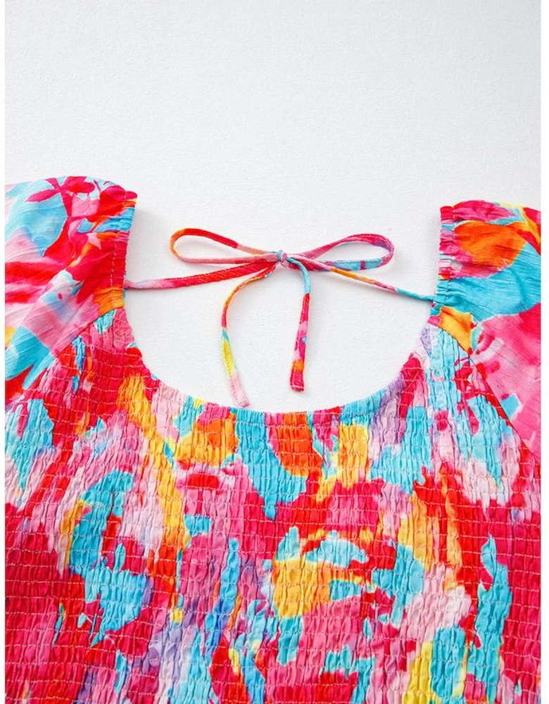 Rose Abstract Printed Puff Sleeve Square Neck Smocked Bust Tied Back Plus Size Dress