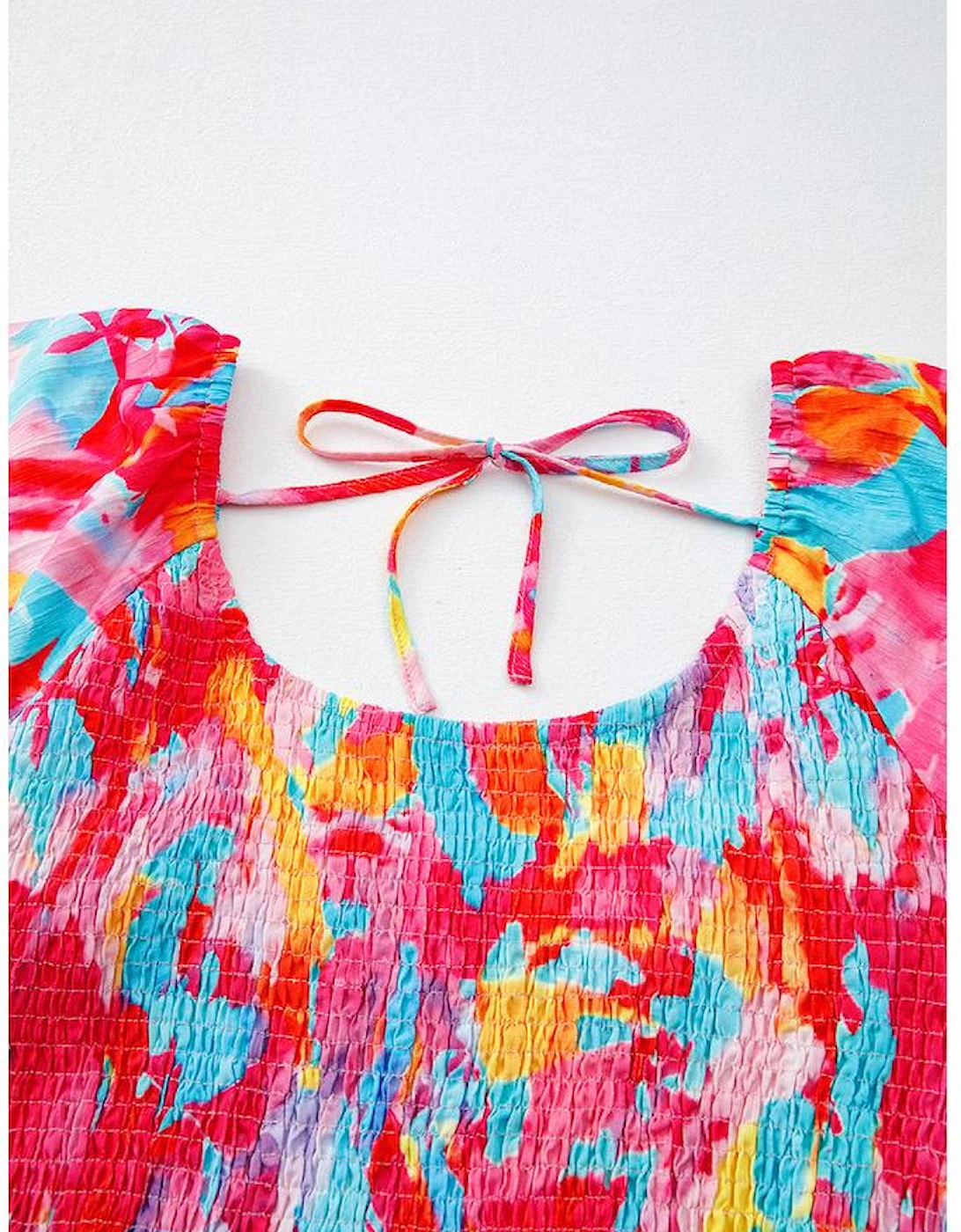 Rose Abstract Printed Puff Sleeve Square Neck Smocked Bust Tied Back Plus Size Dress