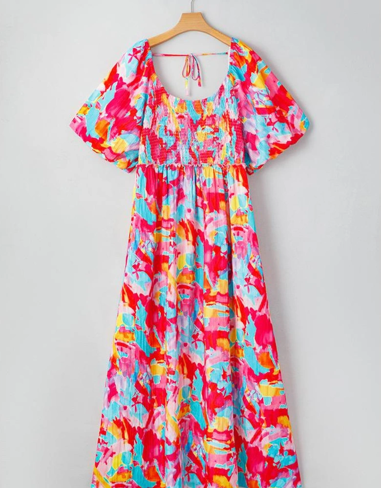 Rose Abstract Printed Puff Sleeve Square Neck Smocked Bust Tied Back Plus Size Dress