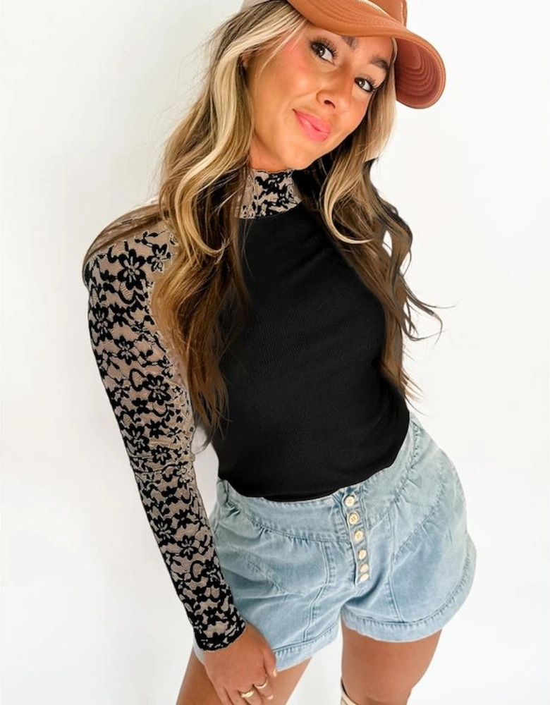 Black Floral Lace Patchwork Long Sleeve High Neck Slim Top