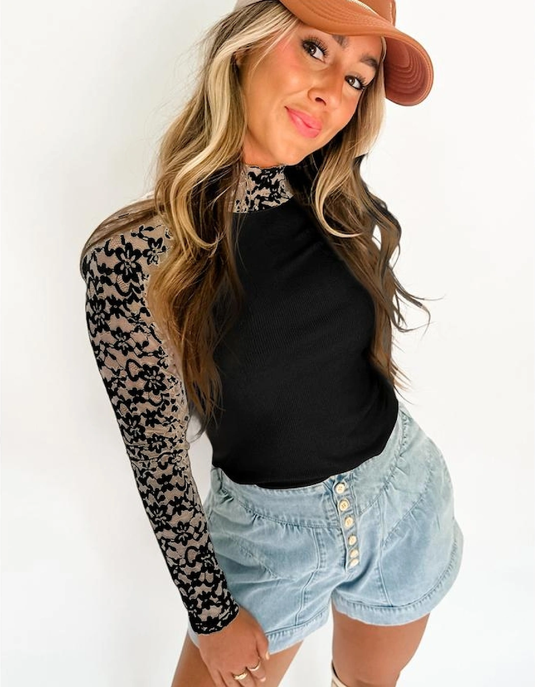 Black Floral Lace Patchwork Long Sleeve High Neck Slim Top